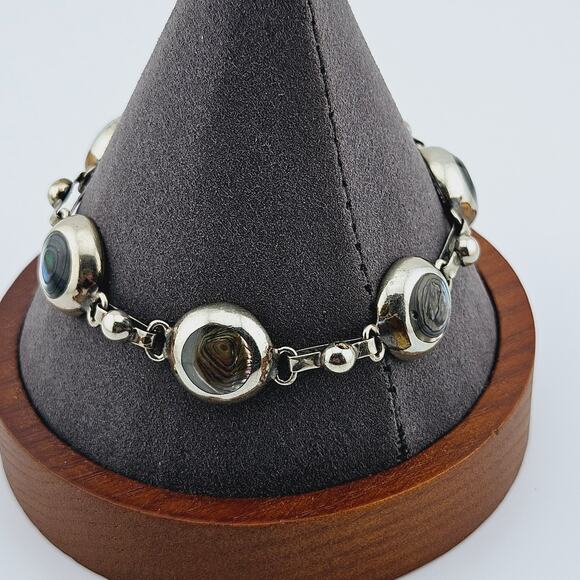 Abalone Shell Link Mexico Alpaca Silver Tone Bracelet Stackable Everyday Coastal - Picture 1 of 5